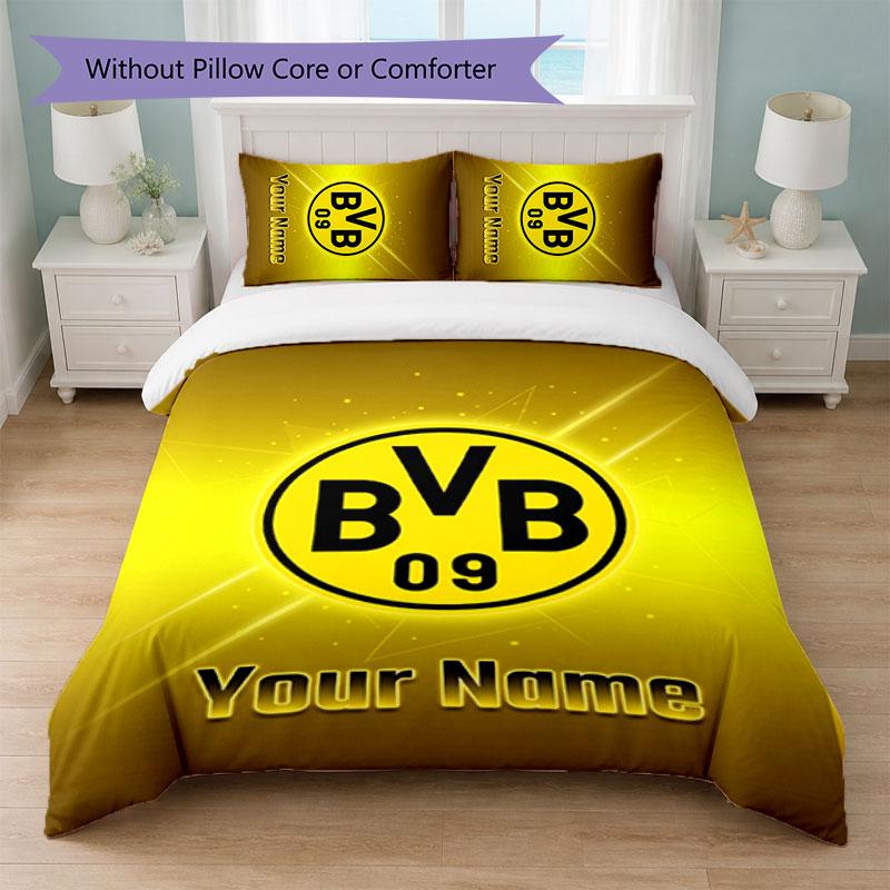 Borussia Dortmund Benutzerdefinierter Name Text Bettwäsche-Set 1 Bettbezug+2 Kissenbezüge Fußball-Logo Personalisierte Geschenkidee für besonderen Anlass Schlafzimmerdekoration
