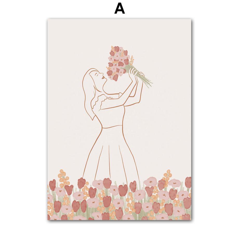 Boho Mountain Sun Line Girl Flower Leaves Wall Art Canvas Painting Minimalist Posters And  Prints Pictures For Living Room Decor