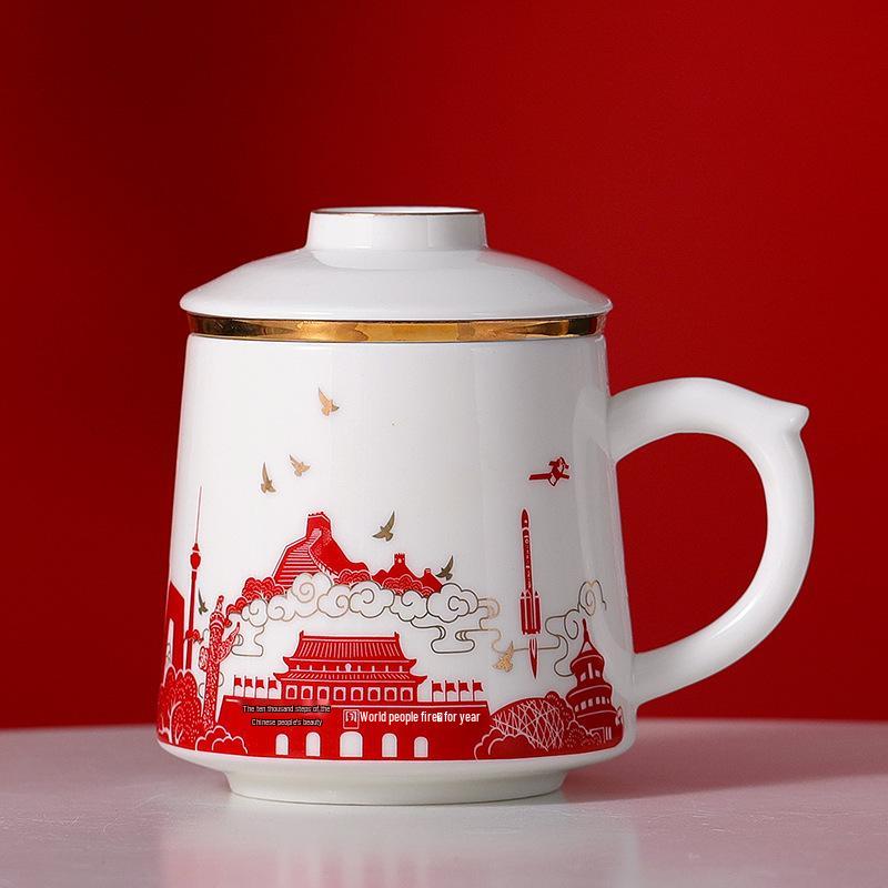 Chinese Style Ceramic Tea Cup with Lid, Filter, and Logo