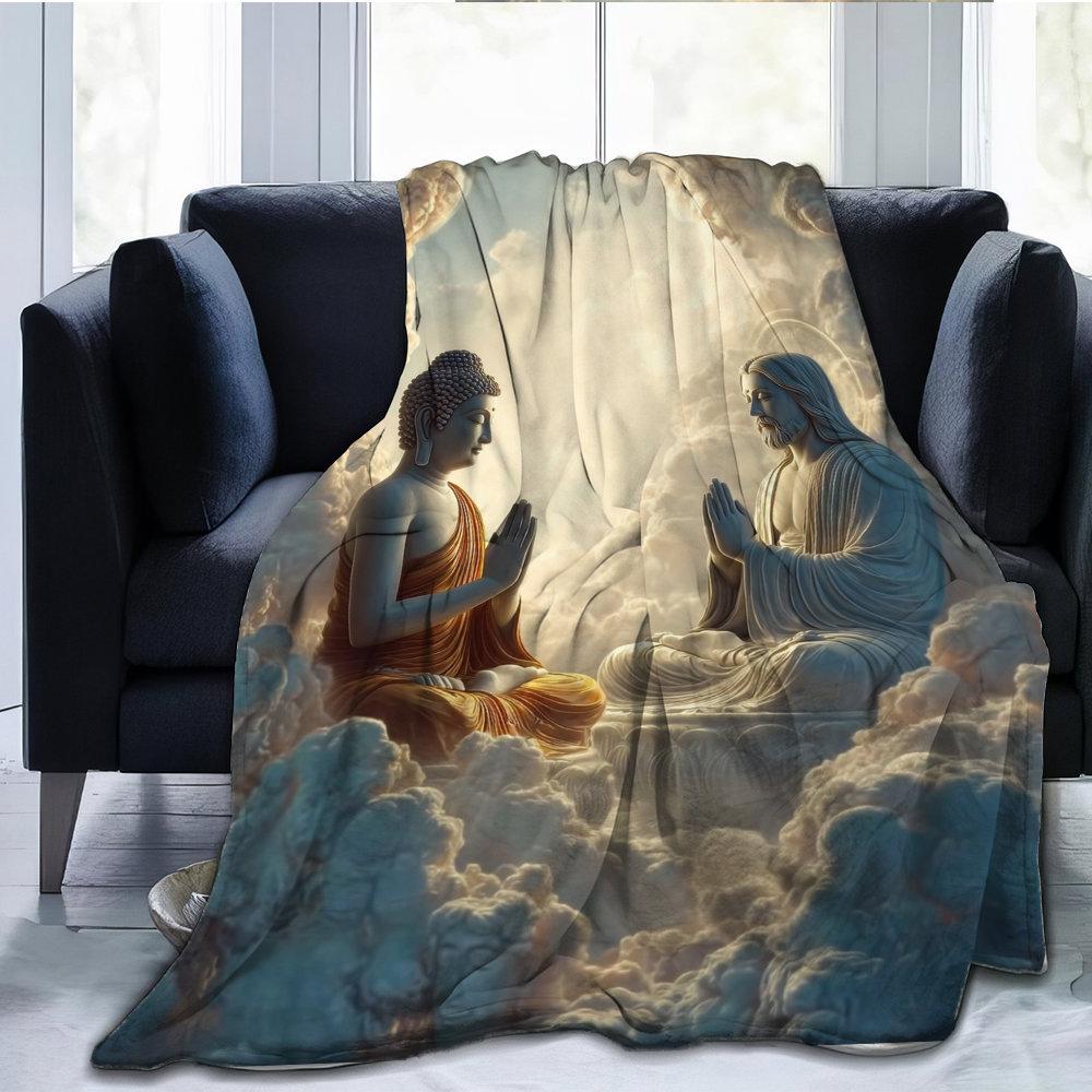 Buddhist and Christian Religious Patterns Flannel Printed Blanket Suitable for All Seasons for Living Room Office Sofa Travel