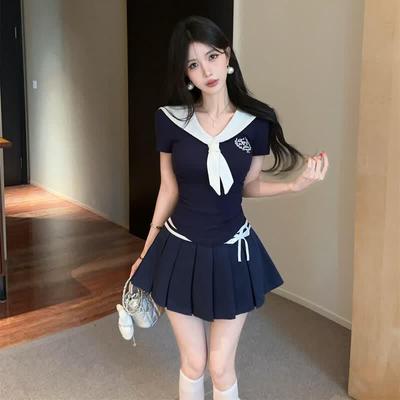 Sailor Collar Short Sleeve & Pleated Skirt Set
