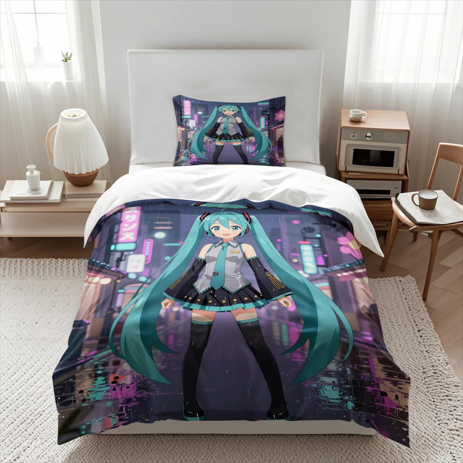 Anime Bleu Kawaii H-Hatsune Miku Ensemble de Literie Housse de Couette Taies d'Oreiller Mignon Impression Miku Couette Décor Chambre d'Adolescente Simple Double 100x135cm (2pcs)