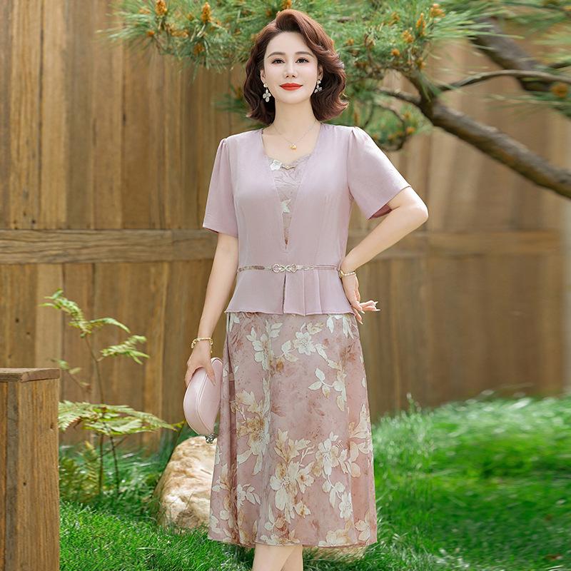 Elegant Summer A-Line Dress for Moms: Faux Two-Piece, Short-Sleeved, Printed, Flattering Fit for Middle-Aged and Elderly Women