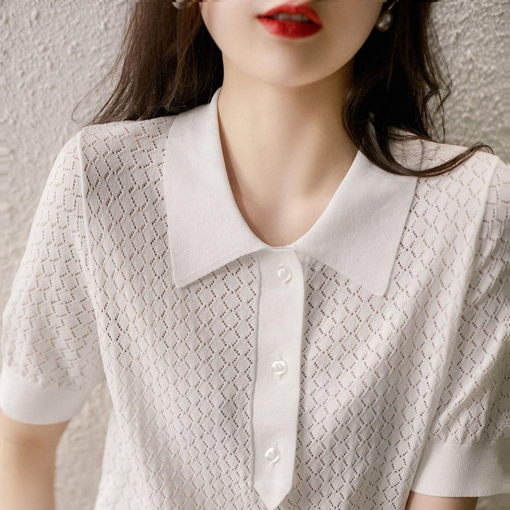 Simple Casual Polo Style Refreshing "rhombus" Hollow, Summer New Short-sleeved Knitted T-shirt