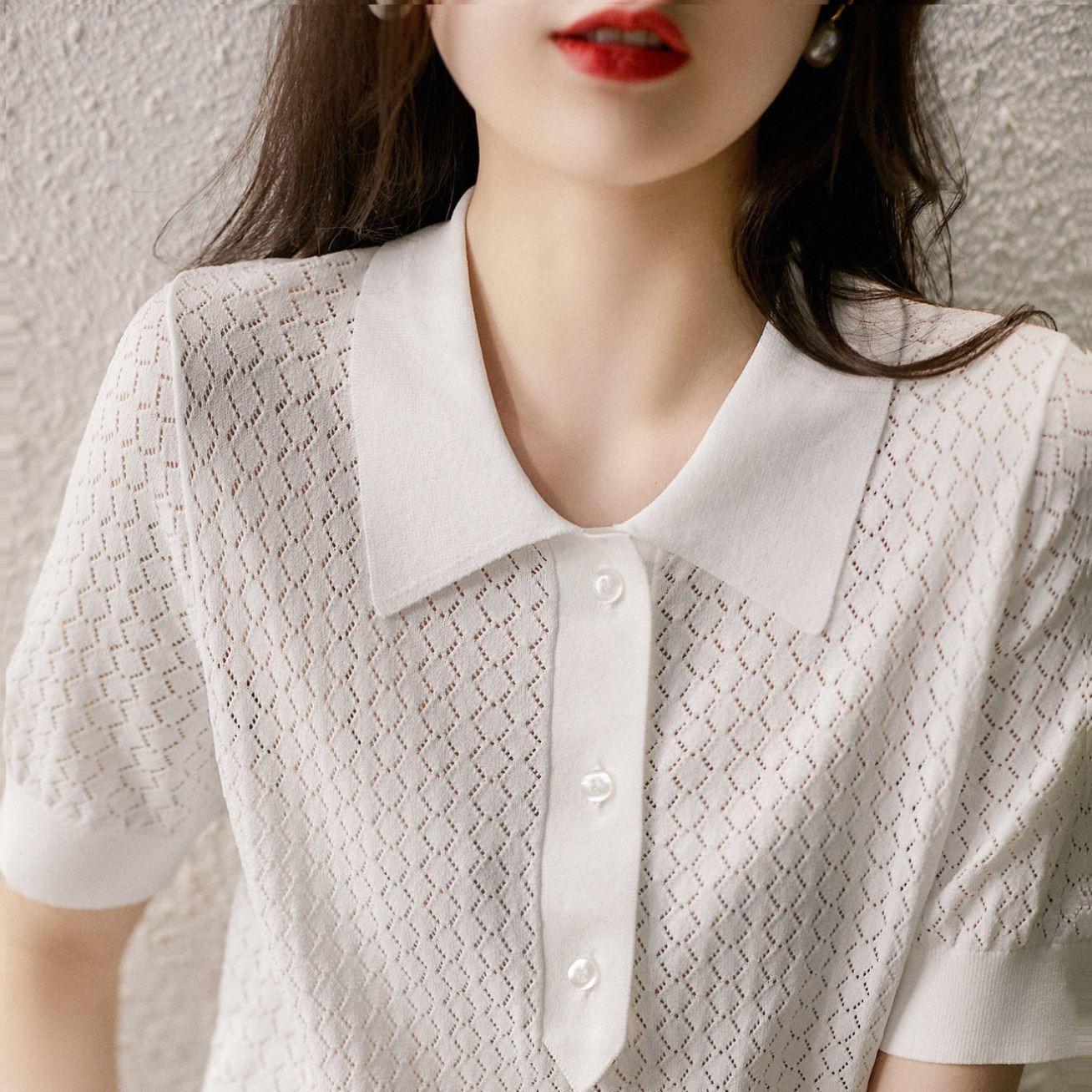 

Simple casual polo style refreshing rhombus hollow, summer new short-sleeved knitted T-shirt One size fits all білий