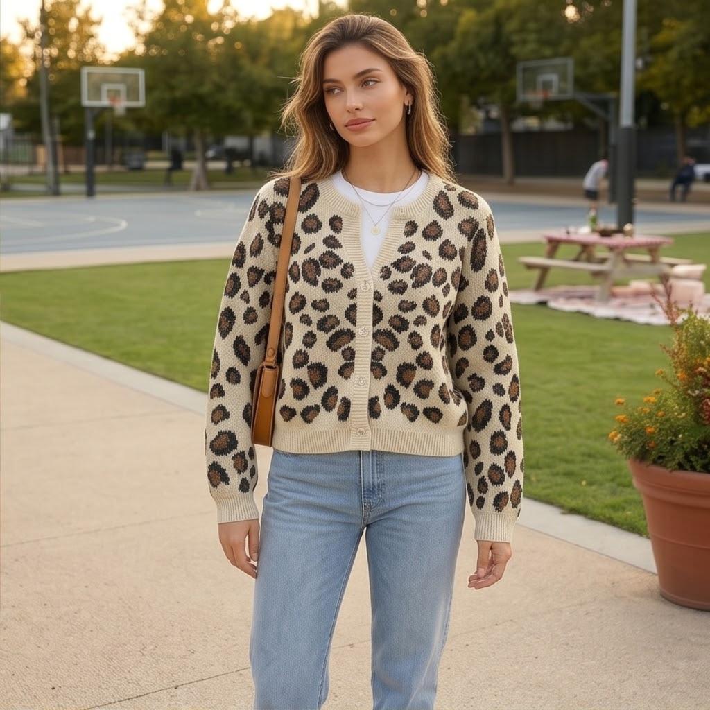 Women's Leopard Print V-Neck Knit Cardigan Soft Sweater