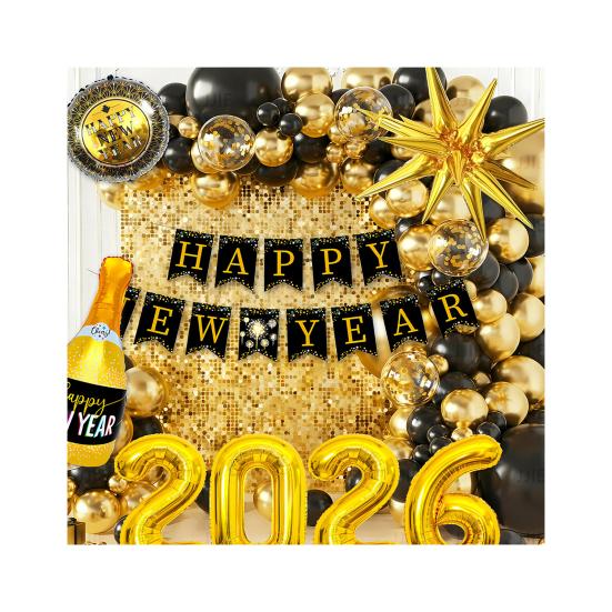 2026 New Year Decoration Black Gold Silver Latex Balloons Foil Letter Balloon Banner Set for New Years Eve Prom Party Supplies