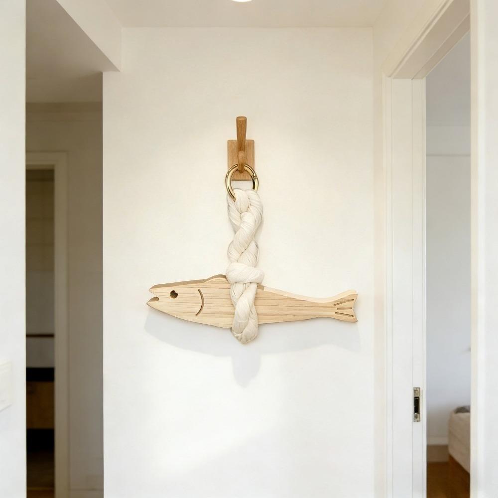 Wooden Fish Shaped Pendant Rope Ring Design Wall Art Hanging Decor for Home Door Car Ornament Room Decoration Accessories 1PC