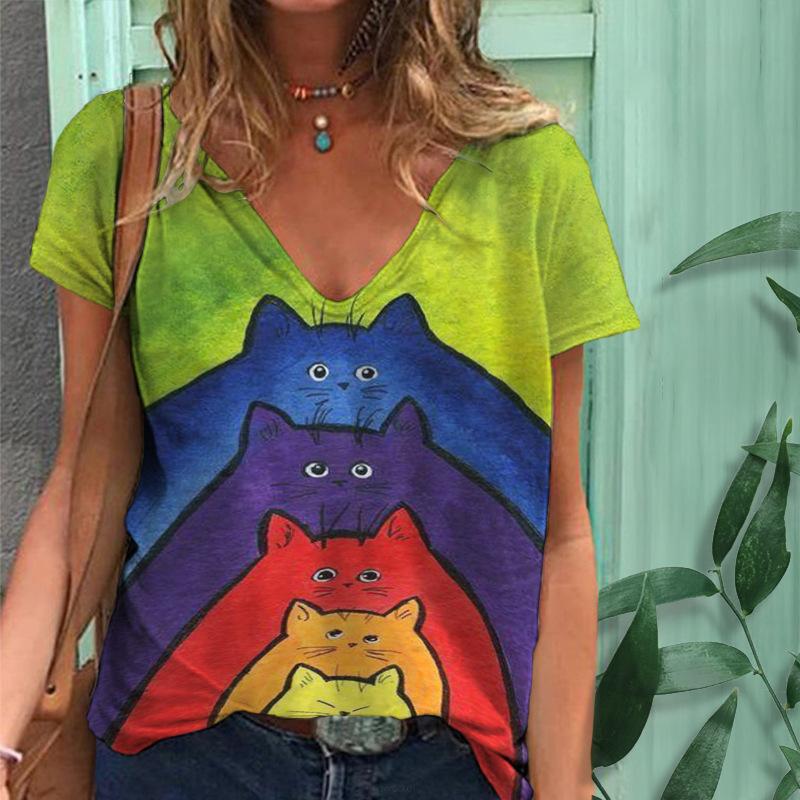 Kawaii Cute 3D Printed Cat Women's T-shirt Women's Clothing Short Sleeve V-neck Summer T-shirt