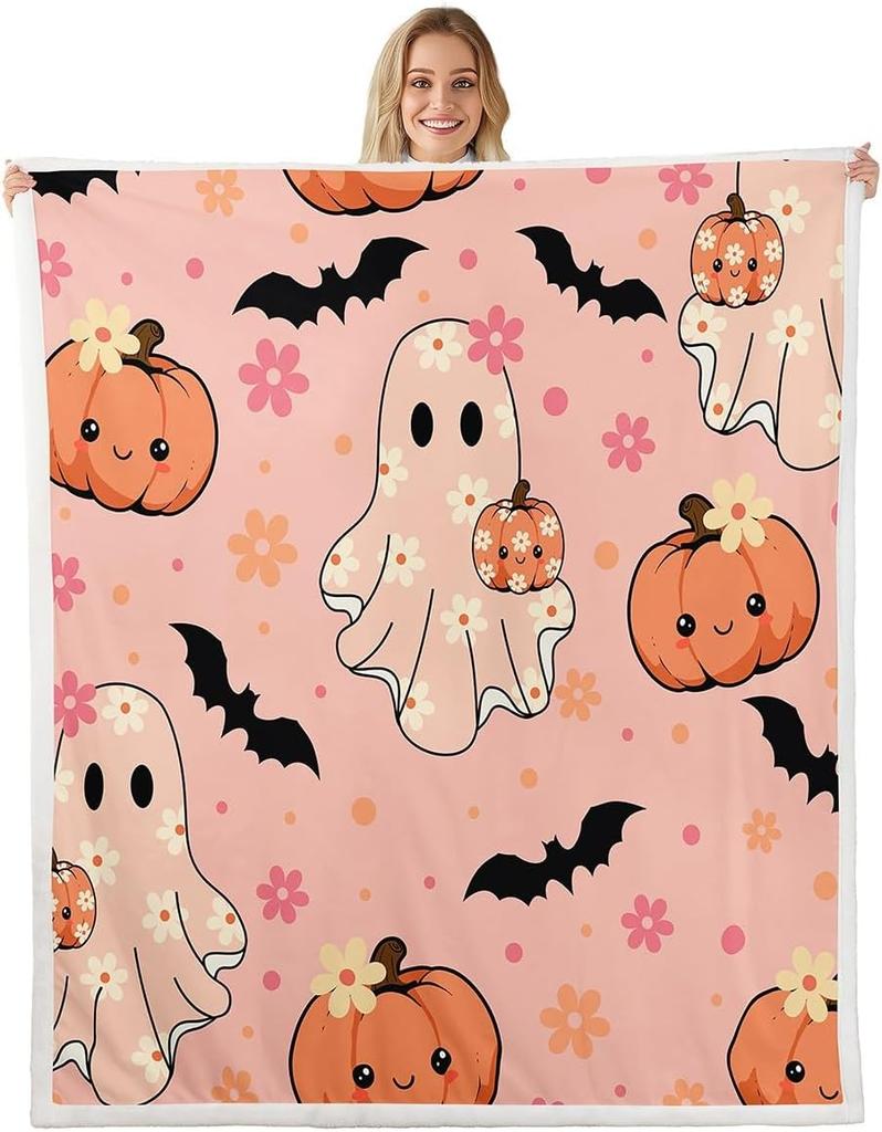 GUOYU Decke Happy Halloween Fleece-Decke Baby Kürbis Geist Feiertags Sherpa-Decke Gotische Fledermäuse Florale Pflanzen Flauschige Plüschdecke für Kinder