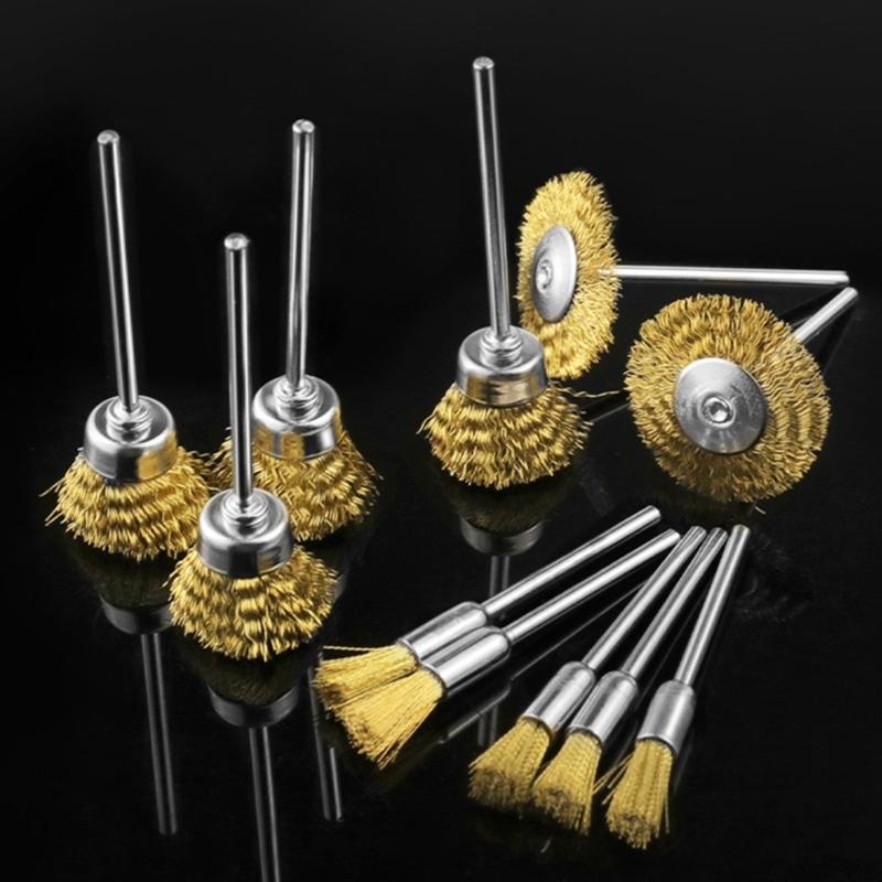3Pcs Mini Coppers Wire Brushes For Electric Grinders 2.35mm Shank Rusts Removal T Type Pen Type Bowl Type Design