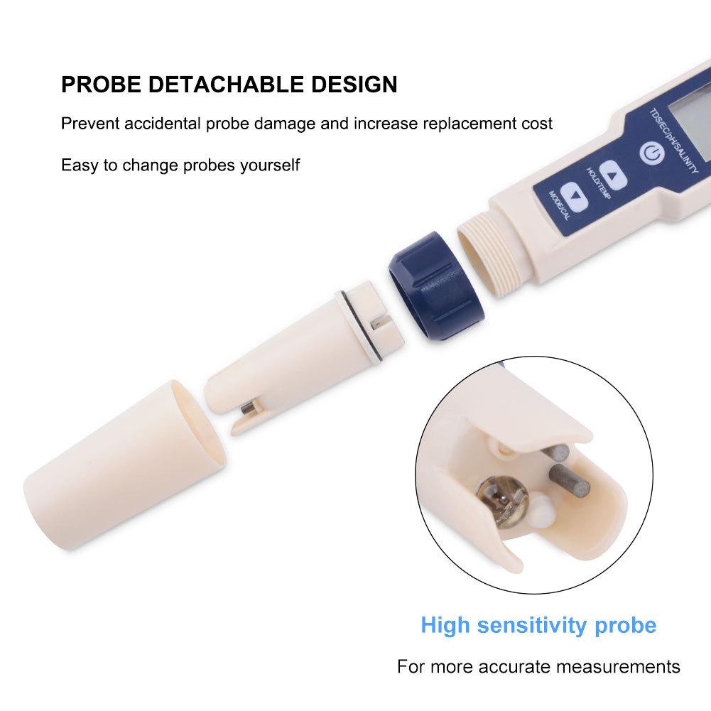 EZ9909PH Five-in-One Water Quality Tester: Tests pH, Salinity, Temperature, TDS, and EC Levels.