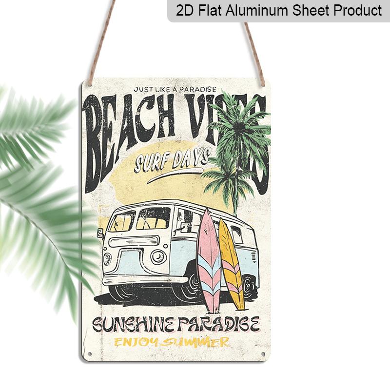 2D Flat, Retro Beach Vibes 8x12" Aluminum Wall Art - Vintage Surf Van & Palm Tree Design, Durable Metal Sign - Ideal for Home, Garden, Bar, Cafe