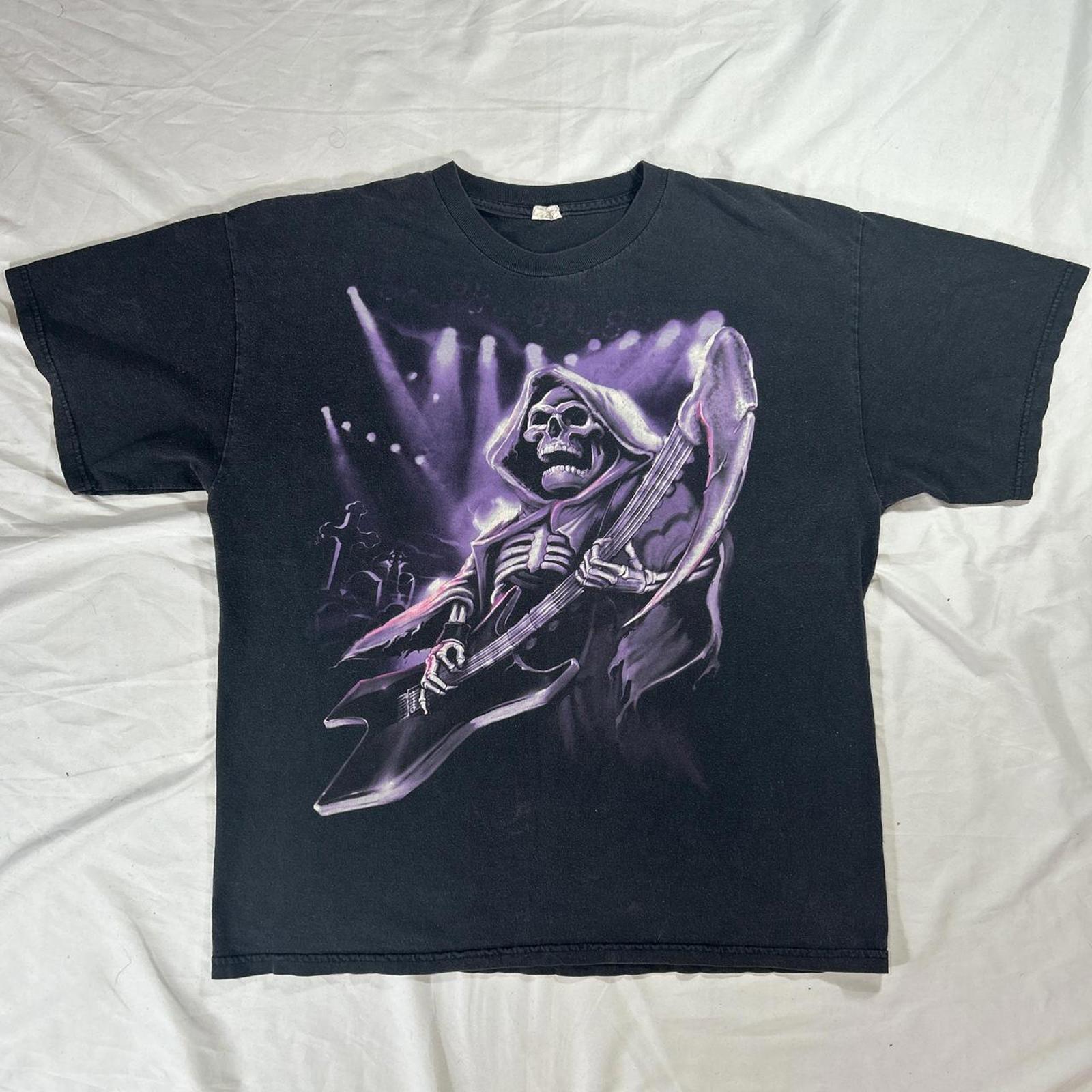 Black and purple Grim Reaper skeleton playing guitar scythe, graphic tee S