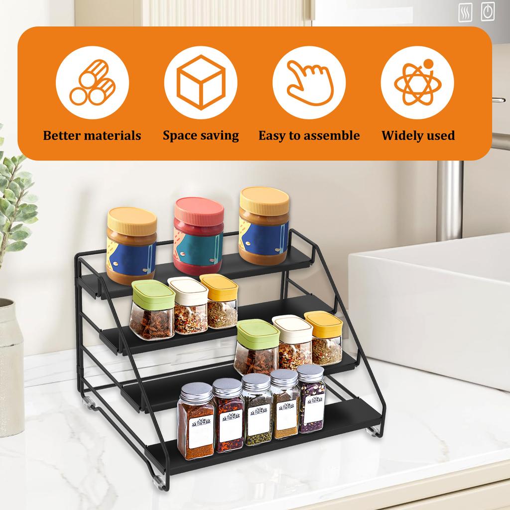 4 Tier Spice Rack Organizer Carbon Steel Seasoning Step Storage Shelf Countertop Tiered Seasoning Holder Rack for Kitchen