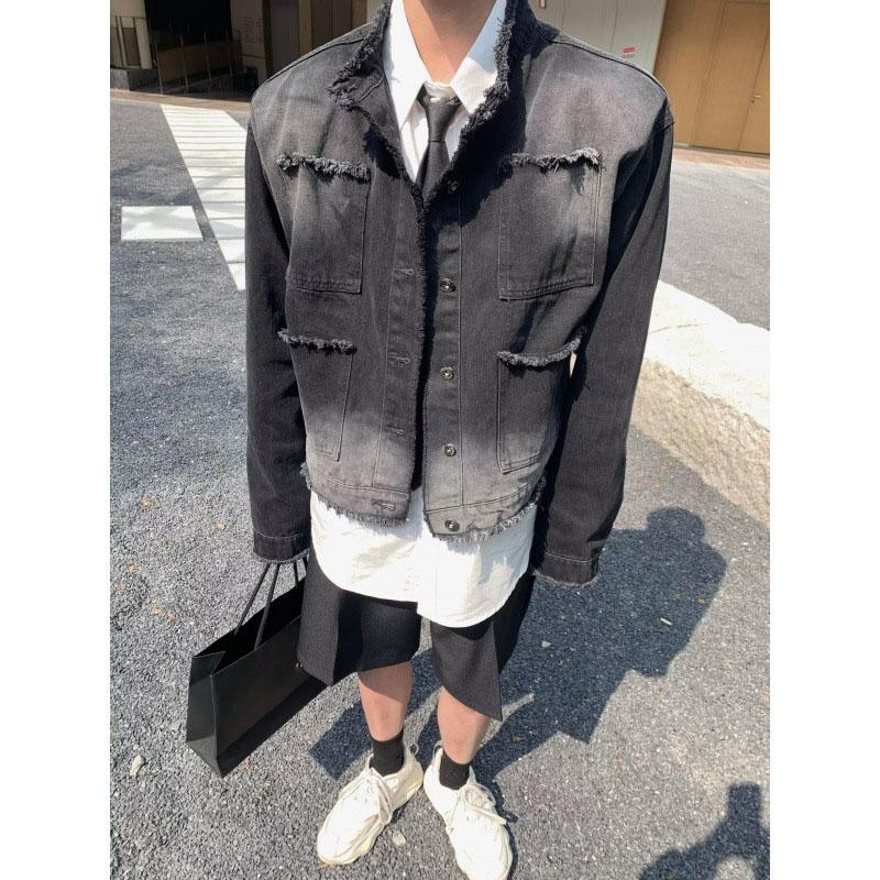 Men's Casual Washed Denim Jacket Streetwear Ripped Stand Collar Texture Retro Long Sleeve Plus Size