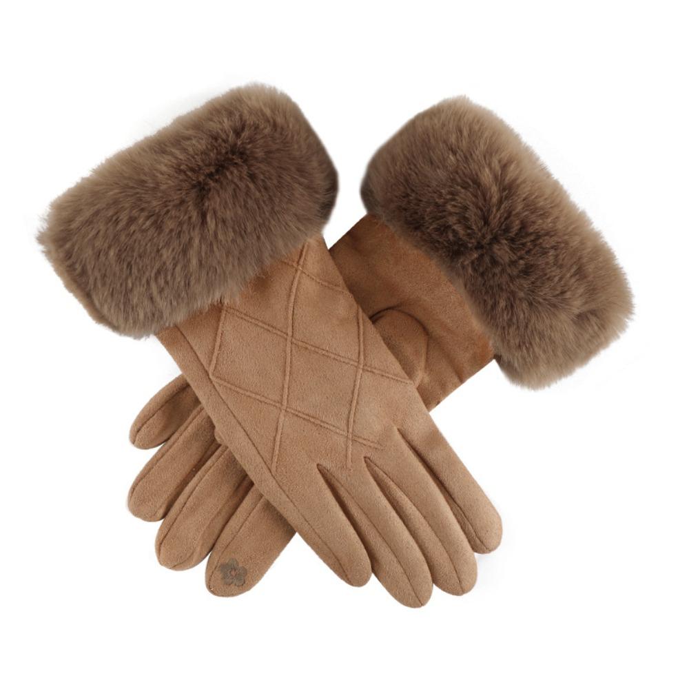 Suede Gloves Plaid Women Cycling Mittens Sweet Winter Fleece-lined Gloves Driving