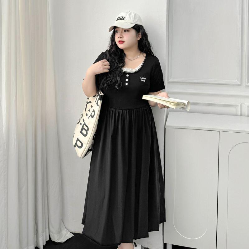 

Plus size women clothing [Sweet Cool Flower Bud Skirt] Fake Two Pieces Patchwork Letter Embroidery Summer Chubby Girl Short sleeve Full Body Dress Night Sky Black 3XL