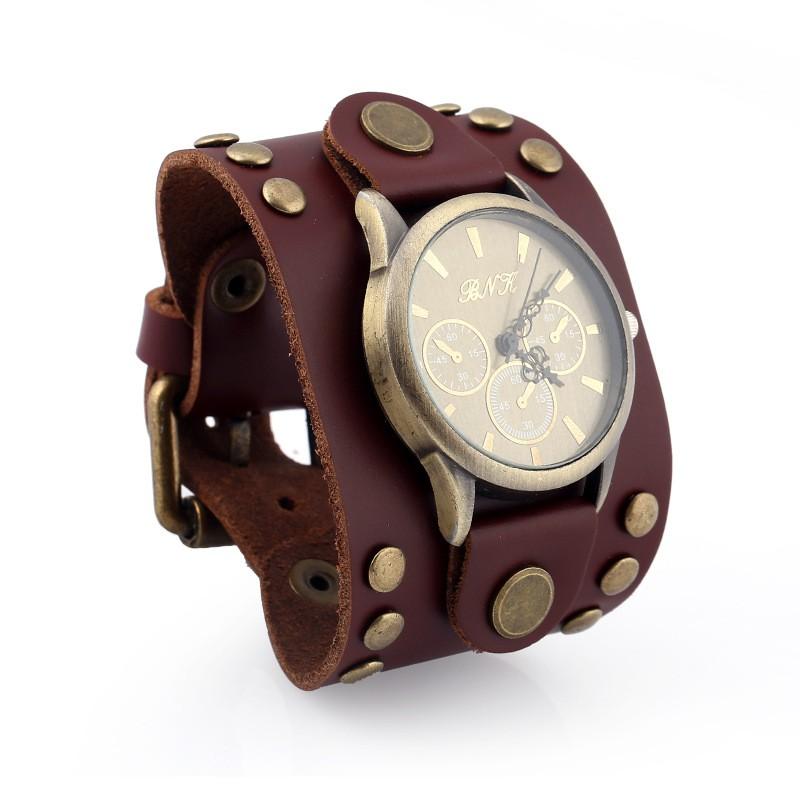 Mens Punk Style Vintage Leather Bracelet Watch With Rivets Wide Cuff Band Casual Fashion