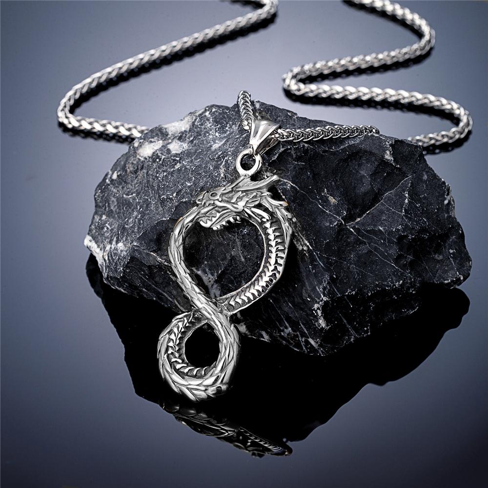 Punk Norse Viking Dragon Necklace Gold Stainless Steel Infinity Pendant Ouroboros Amulet Jewelry Gift for Men