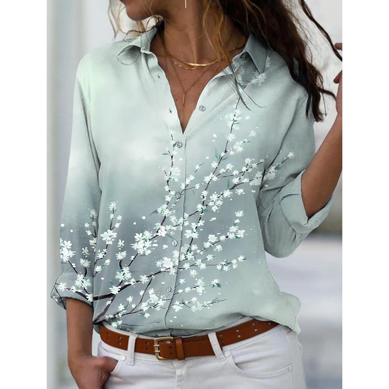 

Plus Size V-neck Peach Blossom Print Long Sleeve Loose Women s Top 5XL