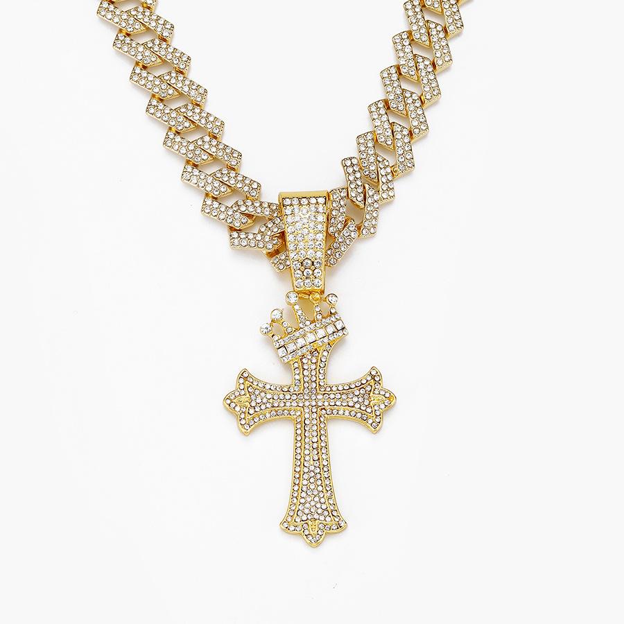 Full Diamond Crown Cross Pendant Eco-Friendly Electroplating Alloy Diamond-Set Cuban Necklace Jewelry
