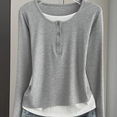 Women's Gray Two-Piece Effect Long-Sleeve T-Shirt – Slim-Fit Spring/Autumn Casual Top