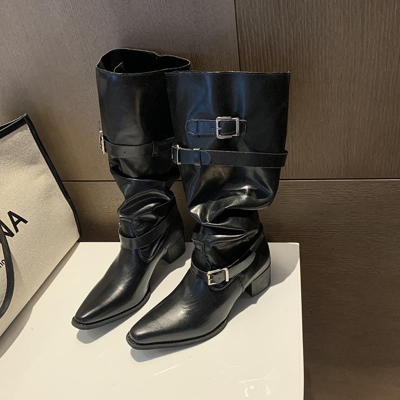 Western cowboy thick heel pile boots women's autumn models 2025 new models but knee boots women's big tube circumference women's boots