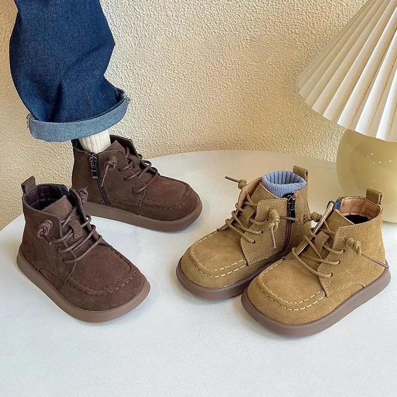 Kids Ankle Boots Retro British Style Children Short Boots Side Zip Autumn Boys Girls Leather Boots Versatile Soft Sole