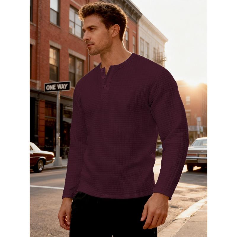Men S Slim Fit Long Sleeve Hoodless Sweatshirt Jacquard Grid Vintage Base Shirt