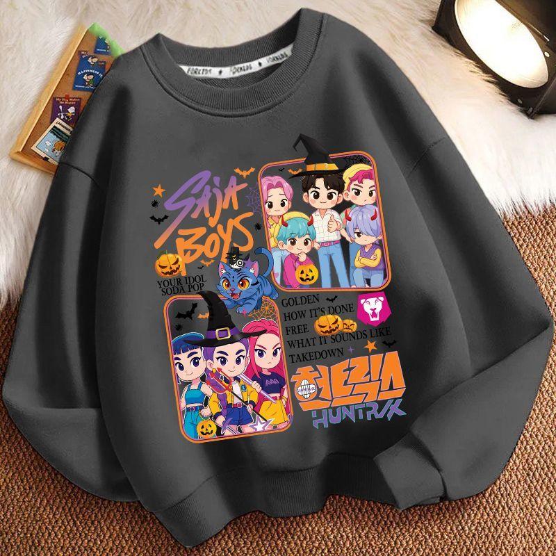 Children's Witch Hunt Team Round-neck Hoodie for Autumn and Winter, Loose Long-sleeved Casual Tops for Boys and Girls