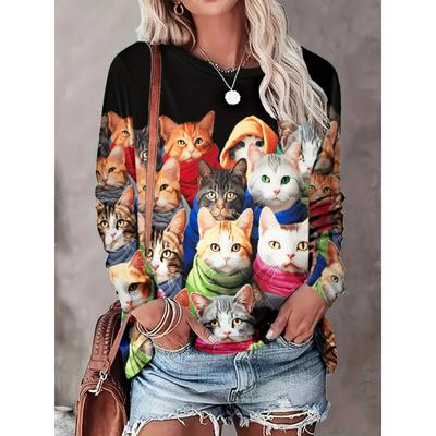 Magliette alla moda da donna, con stampa 3D di gatti, casual, a maniche lunghe, con scollo rotondo, t-shirt Harajuku da donna