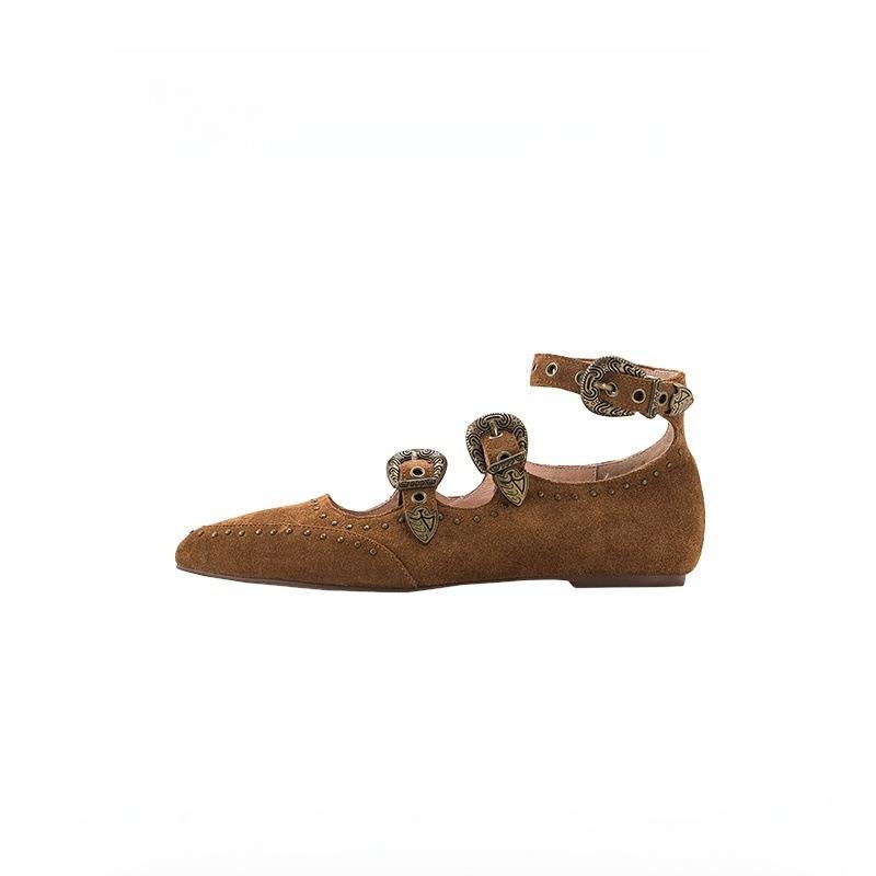 Hong Kong Island Twilight~ Retro Rivet Pointed Flat Mary Jane Shoes 2025 Autumn New One-word Buckle Light Mouth Single Shoes
