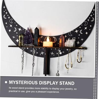 Wall Mounted Display Rack for Crystals and Jewelry Wood Moon Phase Aesthetic Home Decor Shelf with Hooks for Stones and Accessories