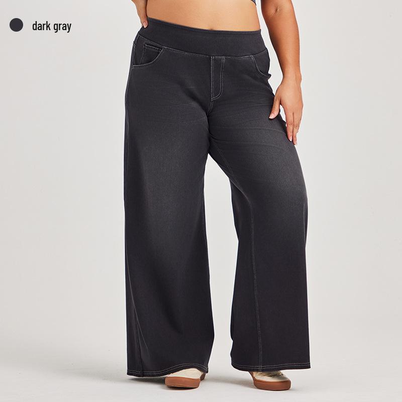 

Джинсові штани великого розміру з високою талією та широкими штанинами для жінок - Стрункий дизайн кишень з ефектом котячих вусиків 2XL