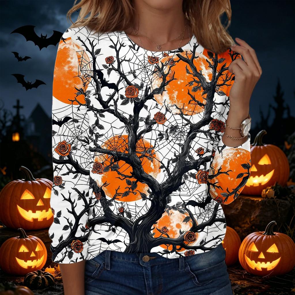 Women's Halloween Pullover Sweatshirt Long Sleeve Crewneck Top Casual Printed Lightweight Pullover Sweatshirt for Fall Seasonal Wear