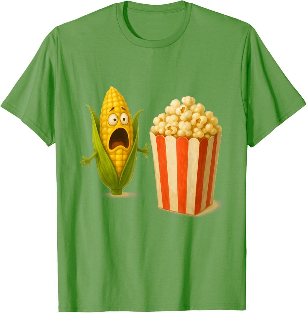 Funny Screaming Corn Popcorn Horror Food Humor Graphic Tee Casual Cotton T-Shirt for Men Women