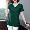 Frühling Sommer Baumwolle Kurzarm T-shirt Damen Dünne Mittellange V-ausschnitt Casual All-match Glitzernde Top