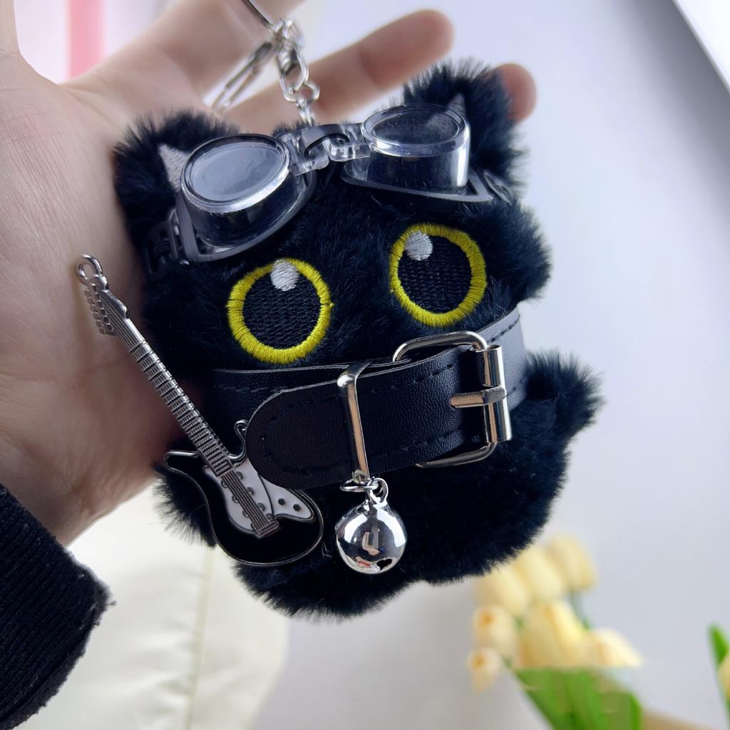 New Cool Black Cat Plush Pendant Keychain Punk Style Cute Black Big Eyes Cat Plush Doll Bag Decoration Birthday Small Gift
