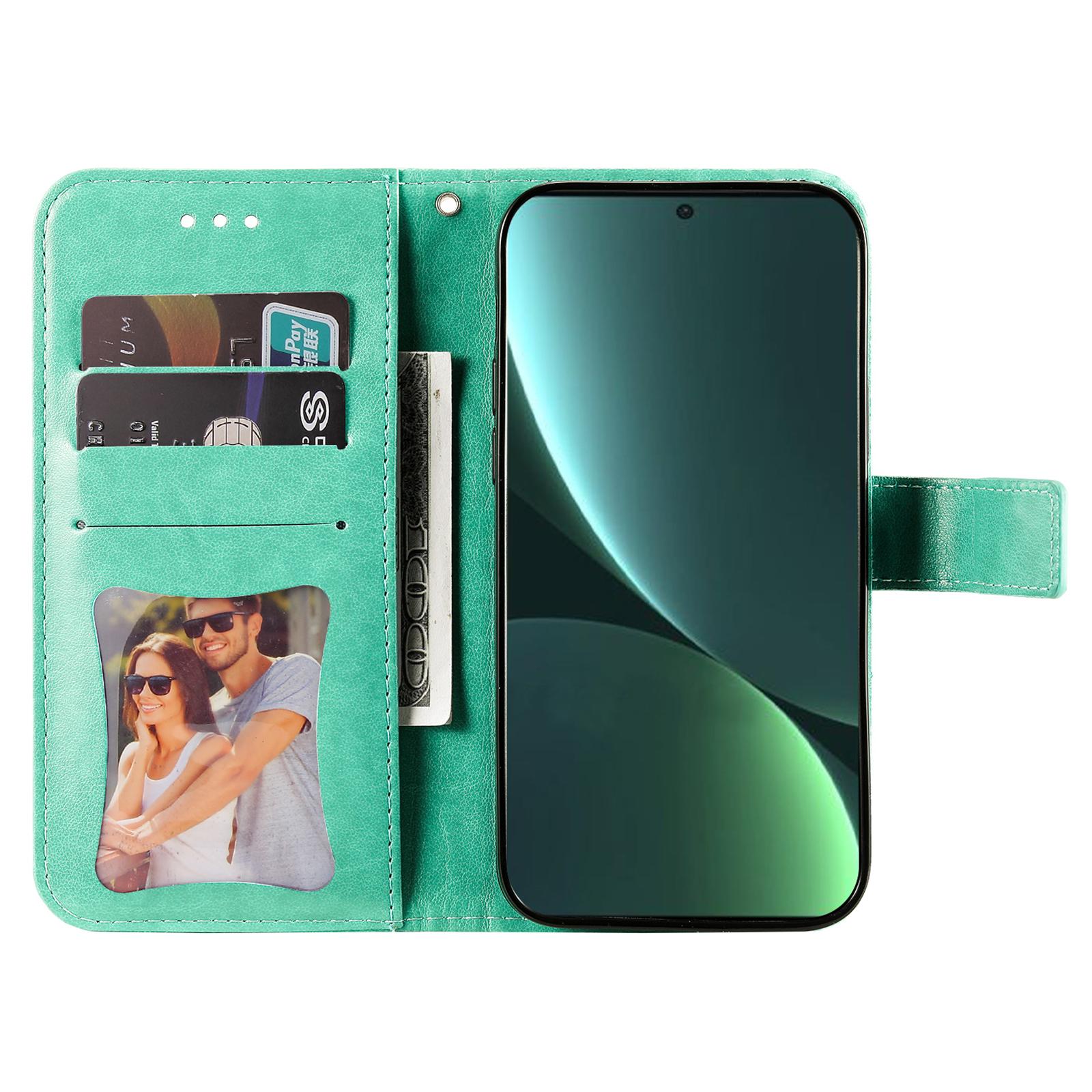 

Drop-proof Phone Case Stand For Xiaomi 13 Flower Imprinting PU Leather Flip Wallet Cover with Strap Green