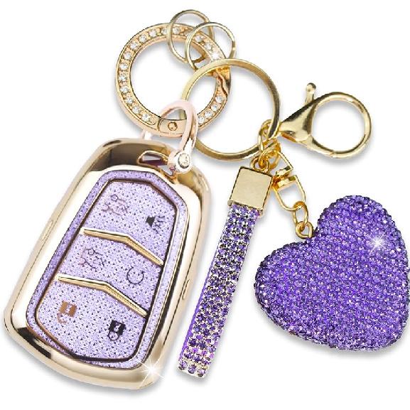 Compatible with Cadillac Key Fob Cover with Heart Keychain for Women, Compatible with 2015- Cadillac Escalade ESV ATS CTS STS SRX XT5 CT6 Smart