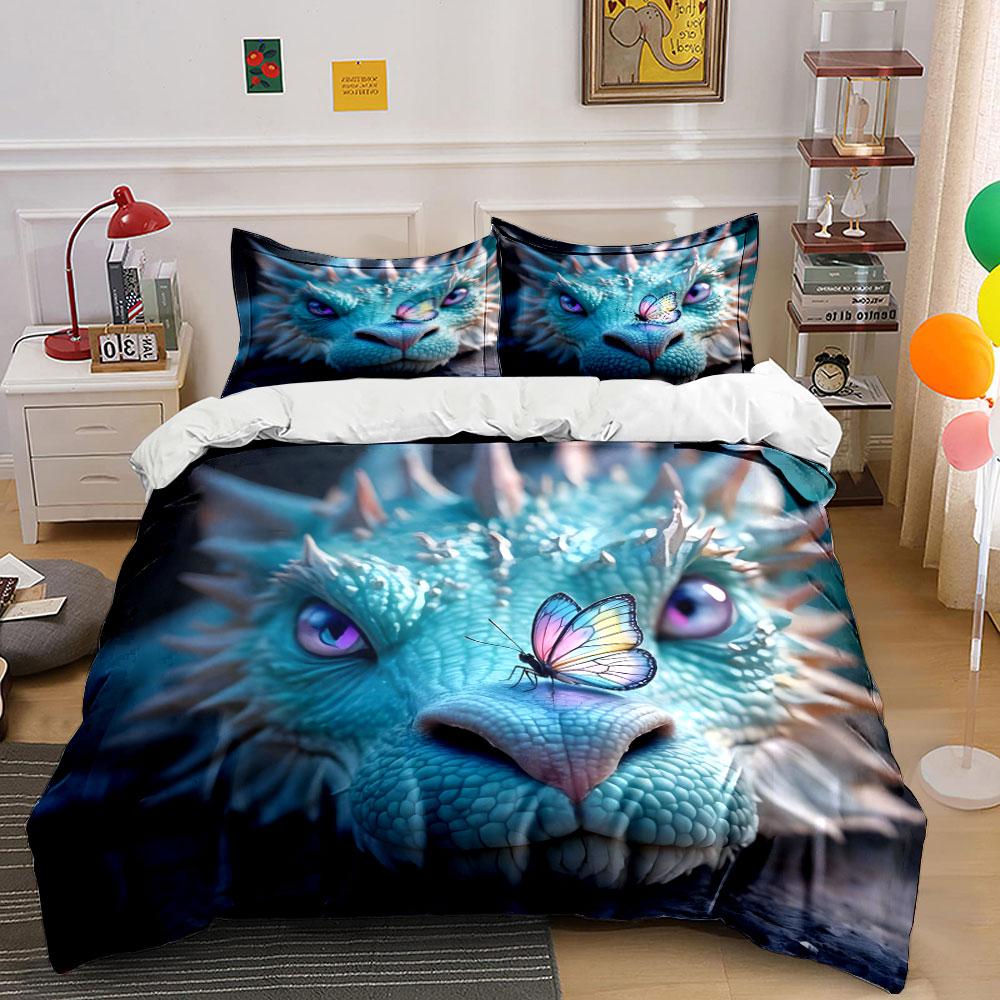Colorful Butterfly On Blue Dragon Print Bedding Set 1 Duvet Cover 2 Pillowcases for Adult and Children Luxury Gift Full Size