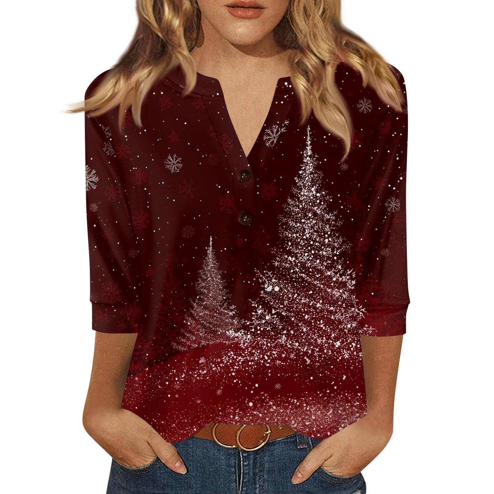 

Women s T Shirt Print Button 3/4 Sleeve Daily Weekend Fashion Basic V- Neck Regular Top L винный