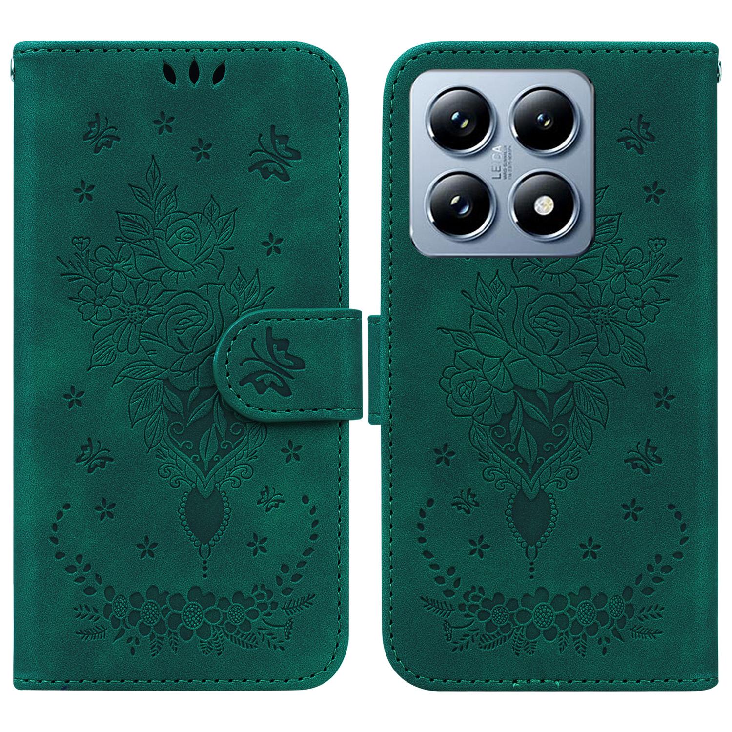 

For Xiaomi 14T Case PU Leather Wallet Phone Cover Butterfly Flower Imprint Green