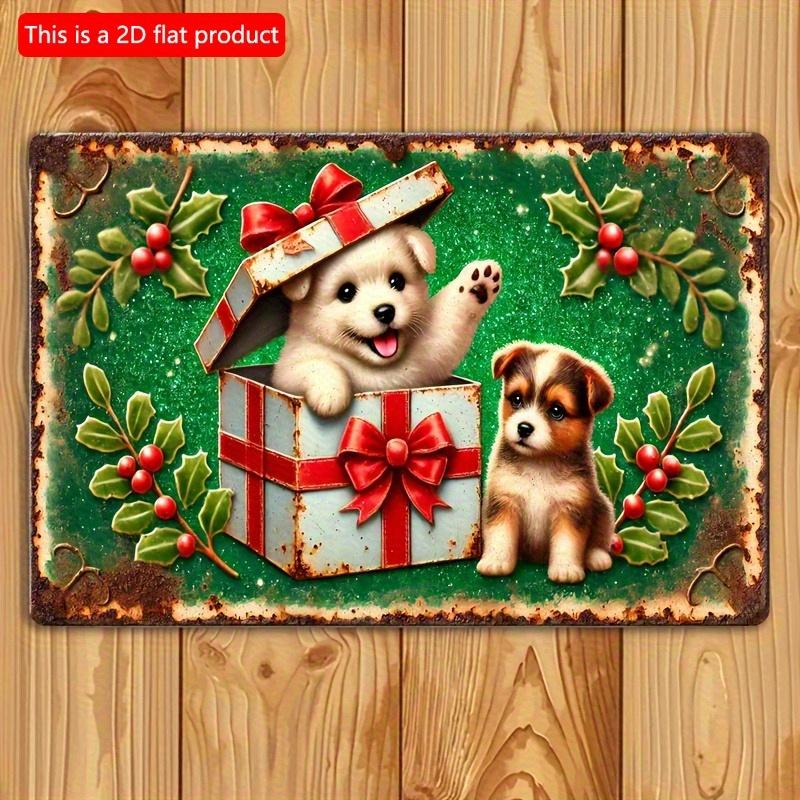 

2d Flat 30*20cm, Vintage Christmas Wooden Sign, Festive Puppy in Gift Box Wall Art, for Home, Living Room, Door, Kitchen, Garden, Bedroom, Bar Decor. 30*20cm