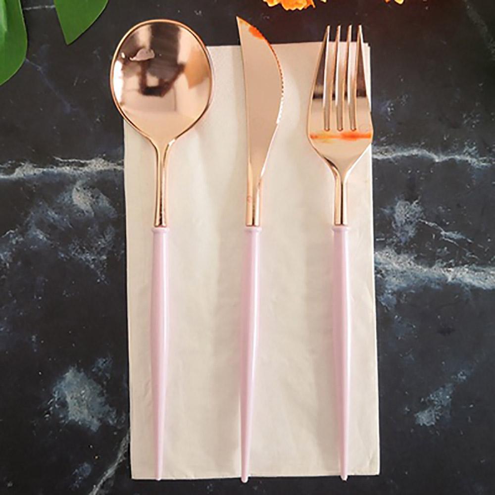 24Pcs/Pack Rose Gold Knives Forks Spoons Set Tableware Colorful Gilt Plastic Food Grade Disposable For Birthday Party Cake Fruit Desserts Dinner