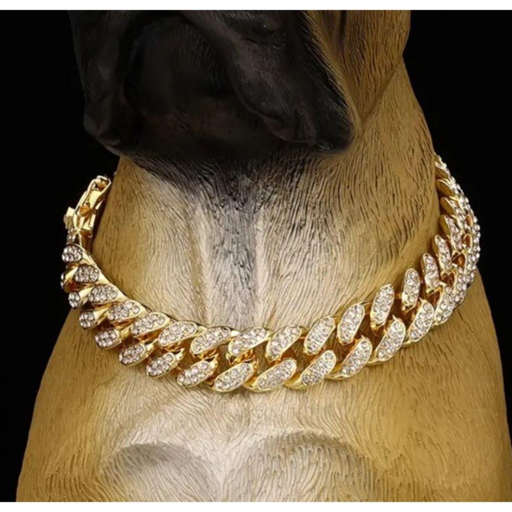 Hundehalsband Kubanische Kette – Diamant-verziert, 13 Mm Breit, Aus Zinklegierung, Mit Sicherer Schnalle (Silber/Gold)