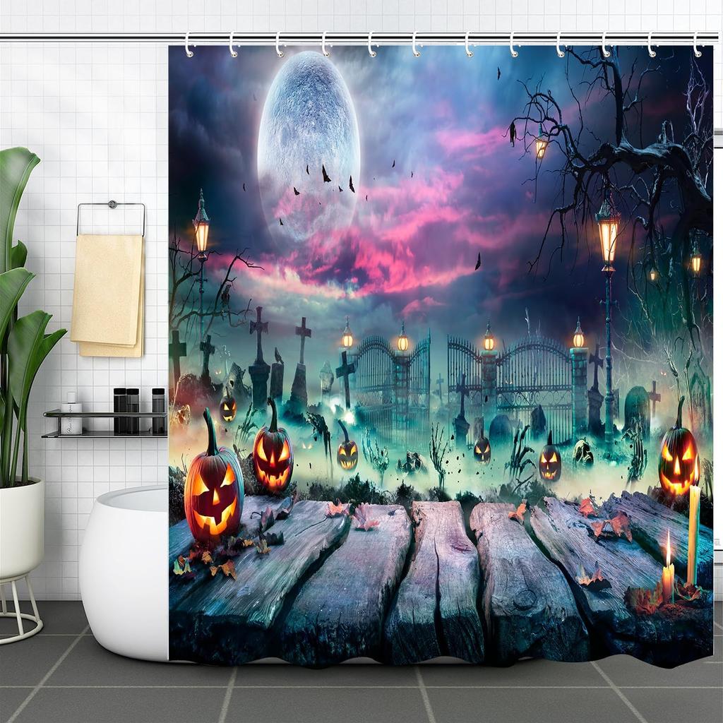 Halloween Skull Shower Curtains Crow Spooky Forest Pumpkin Castle Moon Black Bats Horror Night Bathroom Decor Fabric with Hooks
