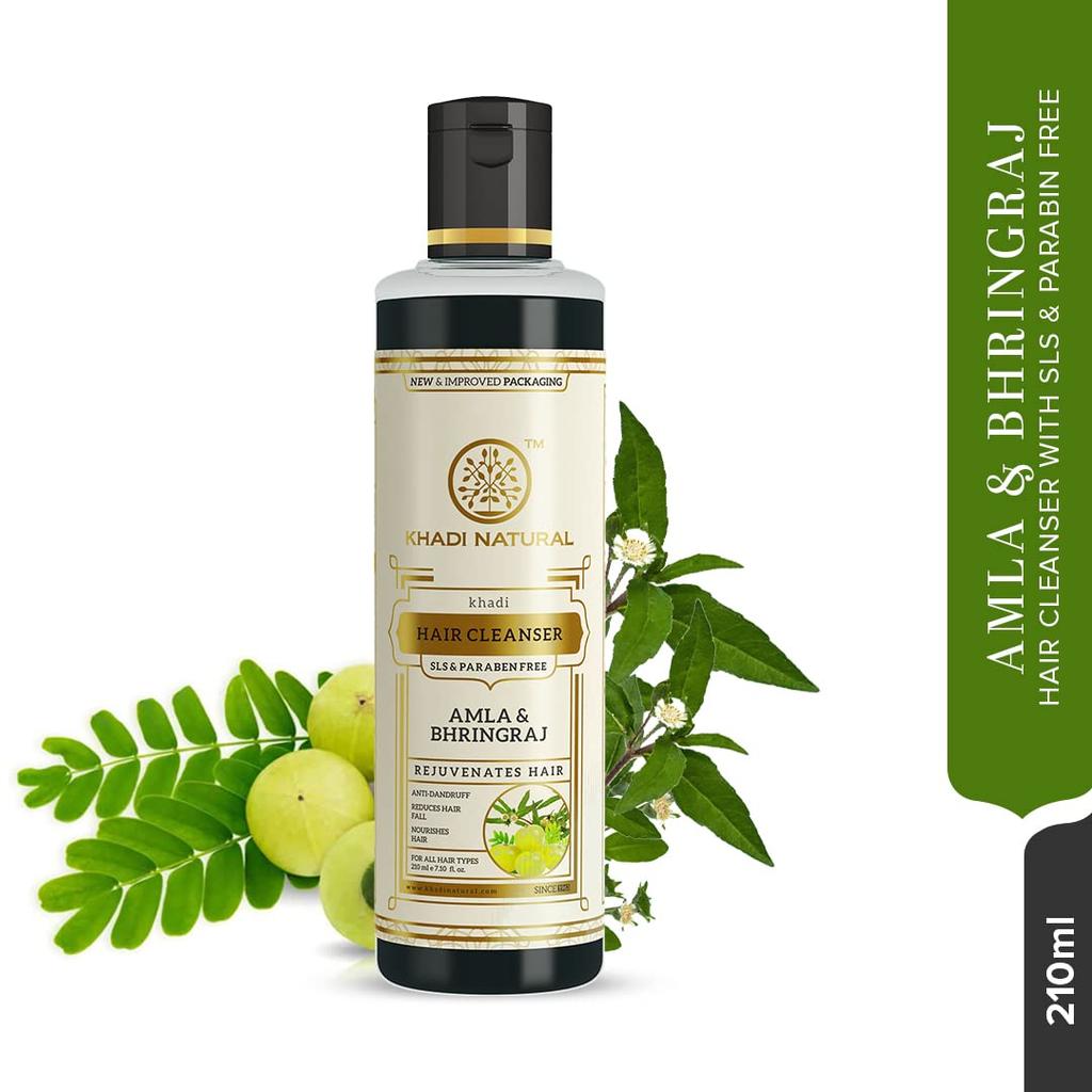 KHADI NATURAL Szampon Amla Bhringraj Delikatna Pielęgnacja Skóry Głowy Do Wszystkich Rodzajów Włosów Bez Parabenów i SLS Oczyszczacz do Włosów 210 ml