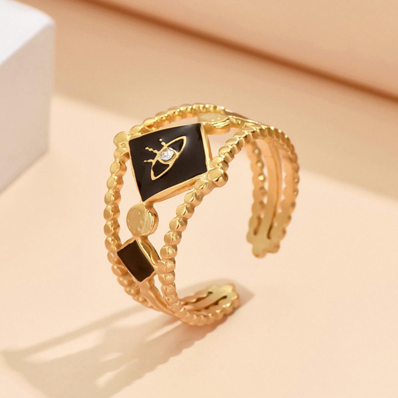 European Retro Ethnic Style Devil s Eye Black  White Adjustable Gold-Plated Stainless Steel Ring